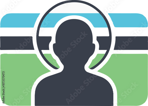 A flat vector icon featuring a dark human silhouette centered over a colorful credit card with blue and green bands, representing a personal bank account or user payment profile.