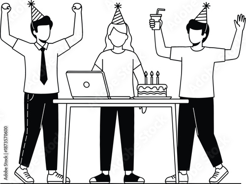 Minimalist black line art illustration of three coworkers wearing party hats celebrating with a cake and laptop in office