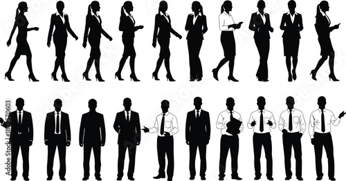 Set of black vector silhouettes featuring business men and women standing and walking in formal corporate suits for design projects.