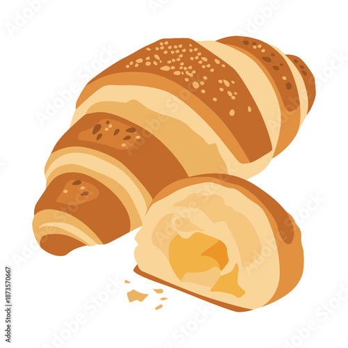 Illustration of a whole and a sliced croissant on a plain white background, showcasing the pastry's layers and sesame seeds.