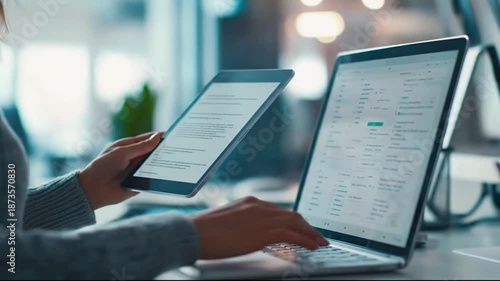 Person using tablet and laptop for work, modern office, digital technology concept
