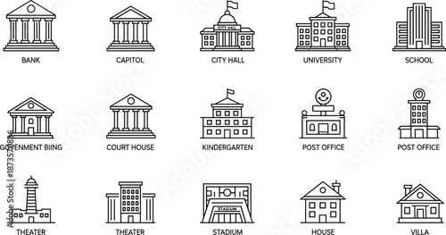 Set of Buildings Icons, City Hall, Bank, Court House, University, School, Post Office, Theatre, Stadium, House, Villa, Line Art Vector Illustration