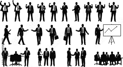 Set of business people silhouettes in various office poses like meeting shaking hands and presenting isolated on white background for corporate