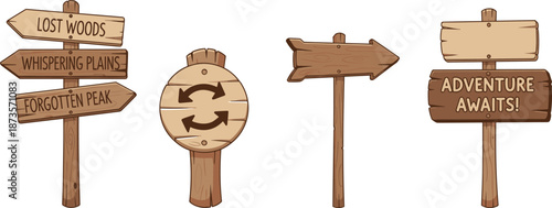 Set of Cartoon Style Wooden Directional Road Signs on Posts with Arrows and Texts Like Lost Woods, Perfect for Adventure Game Design Elements, Vector Illustration