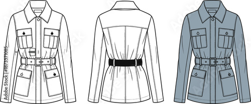 Women's belted safari utility jacket technical fashion flat sketch template front and back view cad drawing flat vector illustration for design