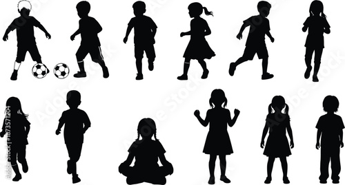 Set of Children Silhouettes Playing Soccer, Running, and Sitting, Various Active Kids Poses for School Sports and Youth Graphic Design, Vector