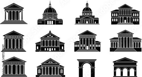 Set of Classical Building Silhouettes, Ancient Greek and Roman Government Architecture, Judicial Court House and University Library Icons, Black Vector