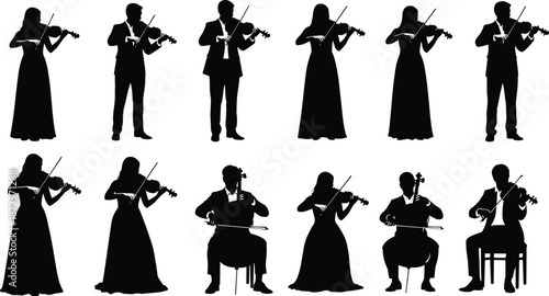 Set of Classical Musician Silhouettes, Violinists and Cellists in Formal Performance Attire for Orchestra Concert Posters, Musical Event Design, Black Vector
