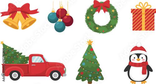 Set of colorful Christmas vector icons including bells, wreath, gift, truck, tree, and cute penguin isolated on white background.