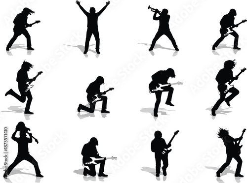 Set of Black Rock Musician Silhouettes Featuring Guitarists and Trumpet Player in Dynamic Performance Poses for Concert Event Poster Design