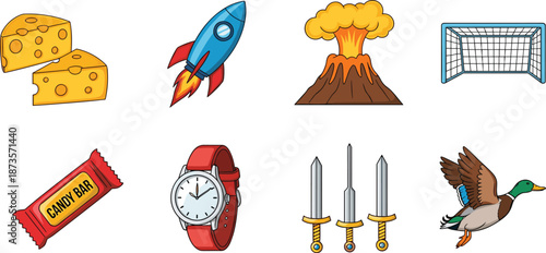 Set of colorful hand-drawn cartoon icons including cheese, rocket, volcano, candy bar, wristwatch, swords, and flying duck on a white background