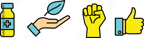 Set of colorful vector icons including medicine bottle, hand holding leaf, raised fist of power, and thumbs up approval gesture.
