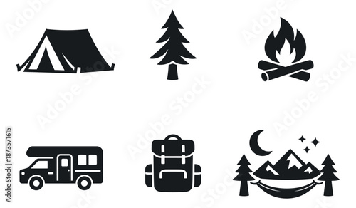 Modern graphic camping icons set featuring a tent, pine tree, campfire, camper van, backpack, and a night mountain scene for outdoor adventures