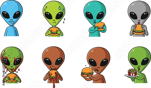Set of Cute Alien Character Illustrations Eating Burgers and French Fries, Colorful Extra Terrestrial Figures for Fast Food Graphic Design, Vector