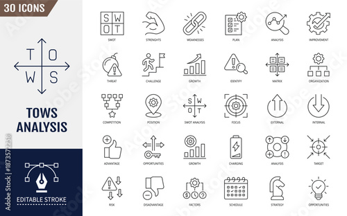 TOWS Analysis icon set. Strategy, business, management, swot, strength, weakness and more. Editable stroke. Vector illustration