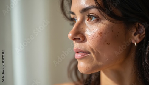Close-up profile Hispanic woman with natural skin texture. Shows hyperpigmentation, dark patches, uneven tone, and sun spots. Focus on realistic female beauty and skin conditions.