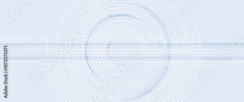 Futuristic technology background with white circle circuit wires with text block on light blue motherboard. AI chip or semiconductor concept. Abstract tech bg. Web banner. Digital vector illustration.