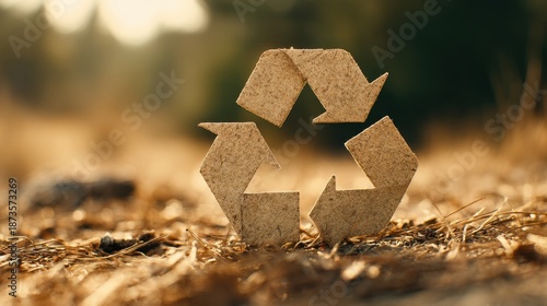 Wooden arrow symbol in green grass representing eco recycling and environmental conservation concept