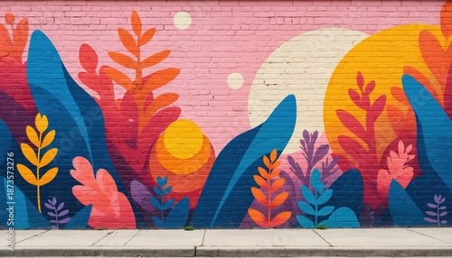 Colorful abstract floral mural painted on brick wall, vibrant leaves and sun shapes create a lively urban art piece. This bright design covers building facade with decorative plant patterns.