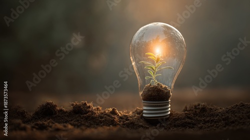 Lightbulb with Growing Plant Inside Symbolizing Renewable Energy and Sustainability Concepts