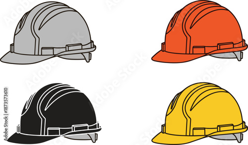 Set of colorful construction safety helmets, industrial hard hats for workers, protective headwear icons, professional workplace safety equipment, and engineering labor.