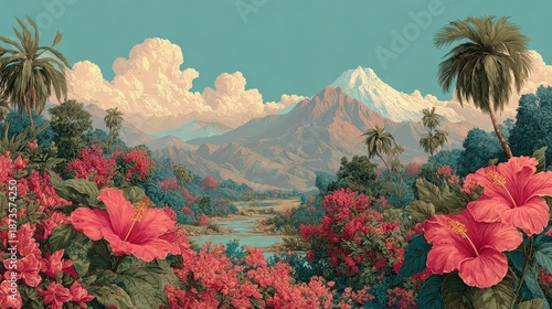 Vibrant Floral Landscape with Mountains and Tropical Vegetation