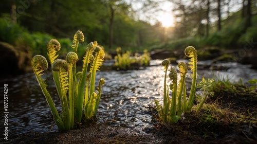 Delicate green ferns unfurling beside a trickling stream in a sun-dappled forest