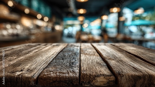 Rustic Wooden Table Surface in Stylish Cafe with Soft Focus Background