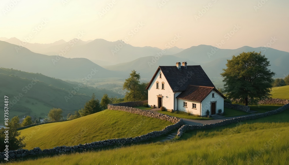 Obraz premium White farmhouse sits on green hill. Stone walls border property. Mountains rise in background. Gentle slopes show valley floor. Warm sun lights landscape.
