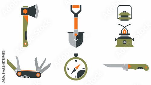 Camping and outdoor adventure tools vector illustrations isolated on white