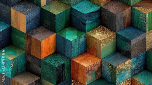 Colorful Wooden Cubes in Abstract Geometric Arrangement