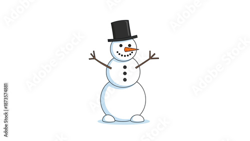 Cartoon snowman with black top hat and carrot nose on white background