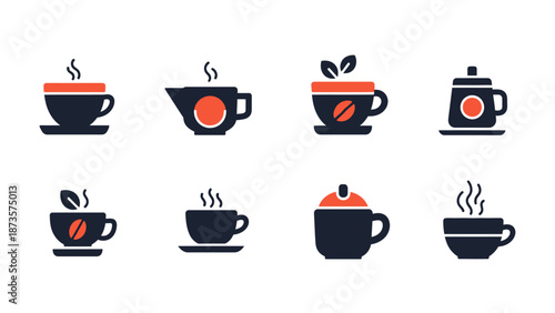 Collection of stylized coffee cup icons in dark blue and orange colors