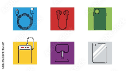 Collection of technology devices and accessories on colorful square backgrounds