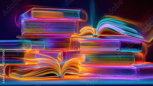 The image depicts a stack of books with their pages illuminated by vibrant, multicolored light trails, creating a glowing, surreal effect