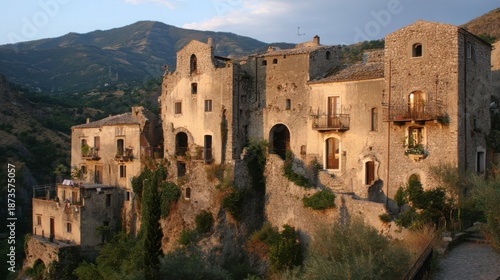 Ancient Italian Hilltop Village Ruins Bathed in Warm Sunlight, Showcasing Historic European Architecture.
