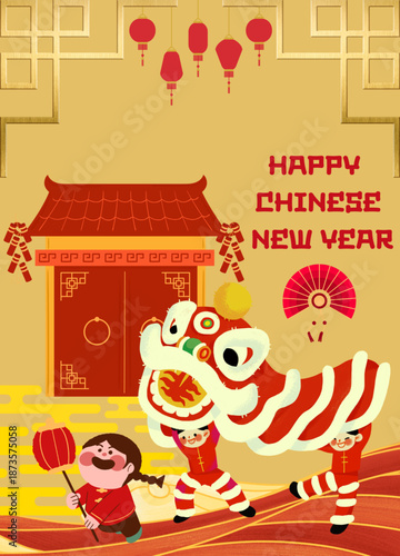 Happy Chinese New Year Celebration Festive Golden Background With Lion Dance, Childern and Chinese Ornament for Greeting Card and Poster Design. ( original illustration, not AI Generated ).