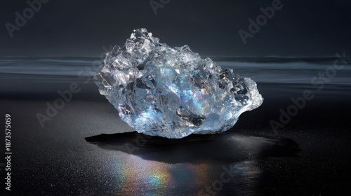 A Solitary, Perfectly Formed Ice Sculpture with Prismatic Light Refractions on a Dark Surface