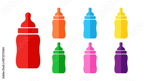 Colorful baby bottles collection isolated on white background for design