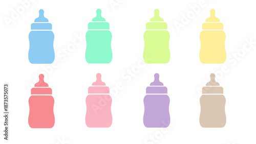 Colorful baby bottles collection isolated on white background for design
