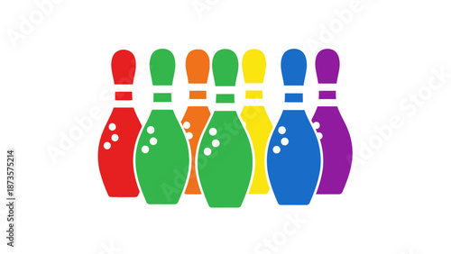 Colorful bowling pins arrayed on white background ready for recreation