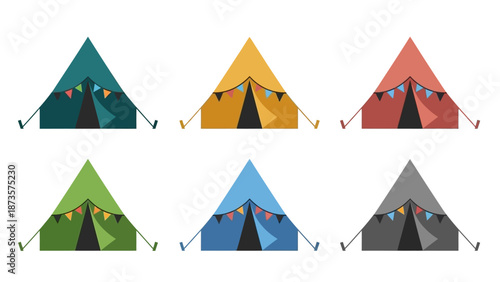 Colorful camping tents with bunting flags vector illustration design