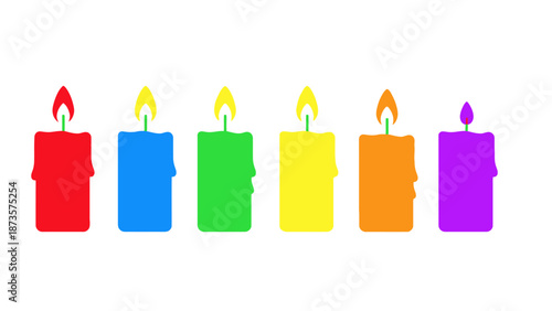 Colorful candles array of lit wax objects on white background for design