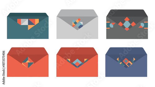 Colorful envelope illustrations in various designs for correspondence concepts