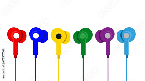 Colorful earphones array isolated vector illustration on white background