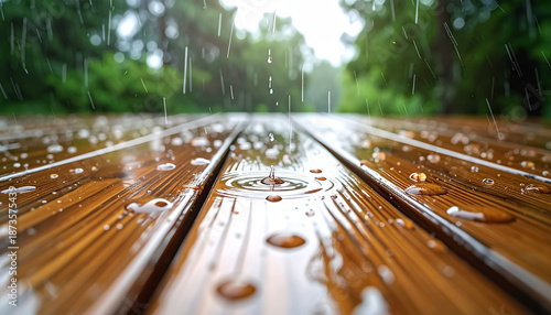 Rain falling on wooden surface, textured wood with reflective water