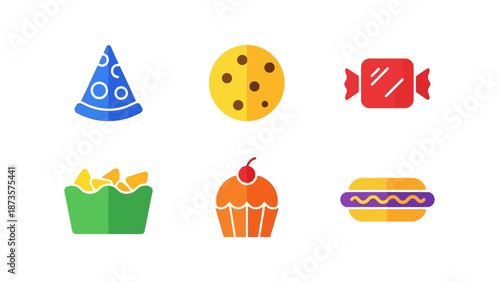 Colorful food icons isolated on white representing various culinary options