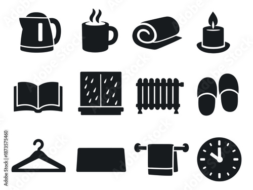 Silhouette icon set featuring various cozy household items for home comfort and relaxation