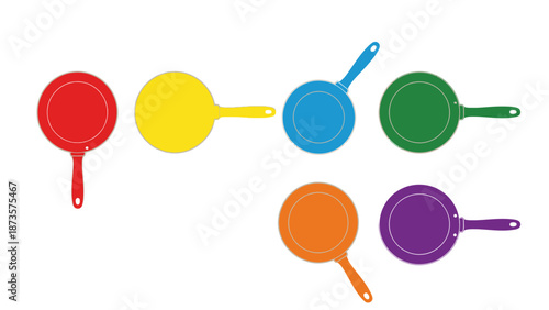 Colorful frying pans illustration set against a white background for design use