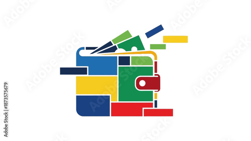 Colorful graphic representation of a wallet with money isolated on white background